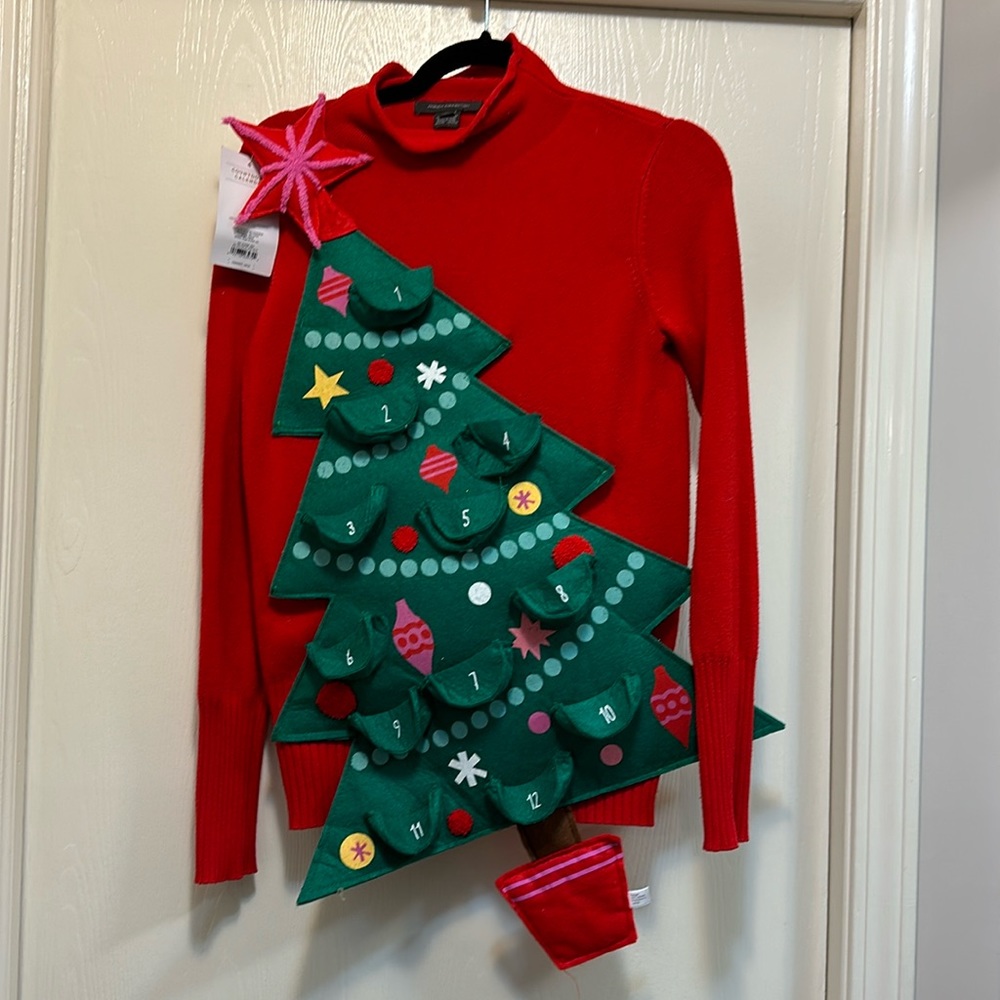 Reinvented red Christmas sweater with tree. Hand wash extra small more like smal